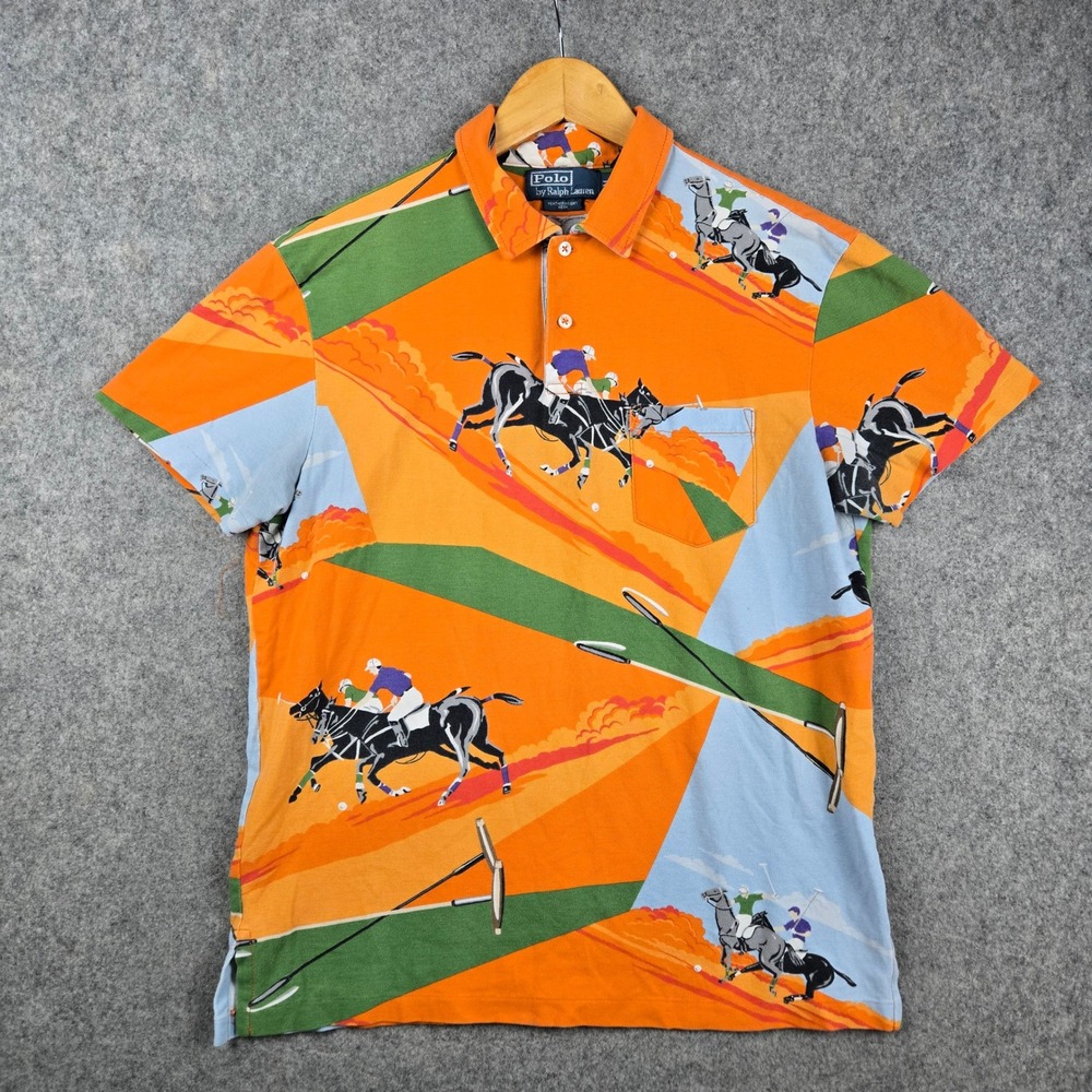 Polo Ralph Lauren Polo Shirt Mens M Orange Horse Racing Equestrian AOP Mesh 00s